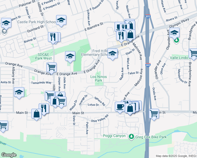 map of restaurants, bars, coffee shops, grocery stores, and more near 150 Teal Street in Chula Vista