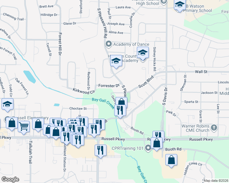 map of restaurants, bars, coffee shops, grocery stores, and more near 109 George Circle in Warner Robins