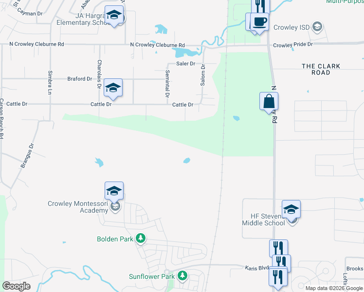 map of restaurants, bars, coffee shops, grocery stores, and more near 1015 North Crowley Road in Crowley