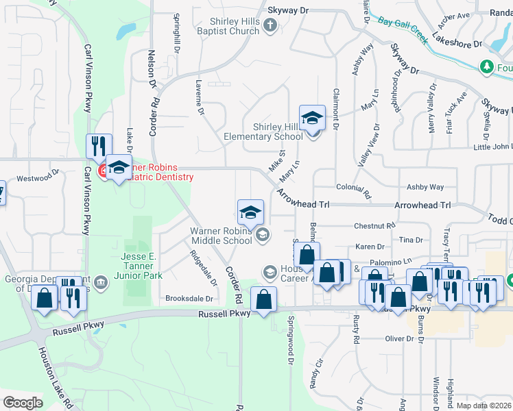 map of restaurants, bars, coffee shops, grocery stores, and more near 116 Henry Street in Warner Robins