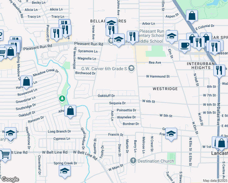 map of restaurants, bars, coffee shops, grocery stores, and more near 825 Oakbluff Drive in Lancaster