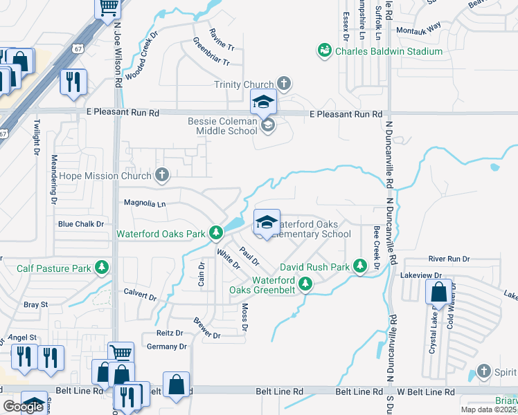 map of restaurants, bars, coffee shops, grocery stores, and more near 1 Hageman Lane in Cedar Hill