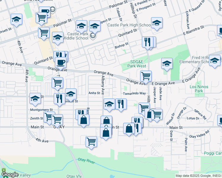 map of restaurants, bars, coffee shops, grocery stores, and more near 121 Orange Avenue in Chula Vista