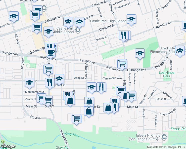 map of restaurants, bars, coffee shops, grocery stores, and more near 121 Orange Avenue in Chula Vista