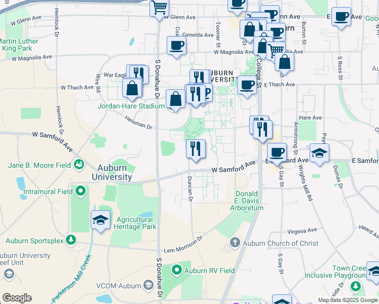map of restaurants, bars, coffee shops, grocery stores, and more near 347 Duncan Drive in Auburn