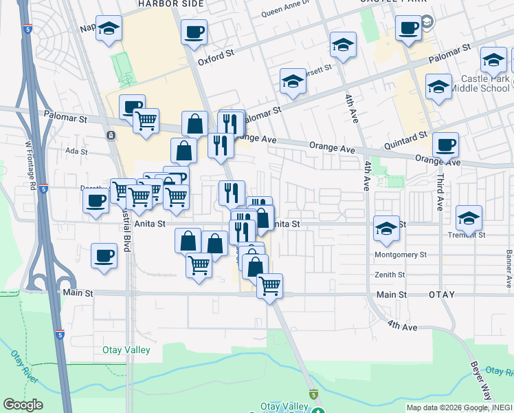 map of restaurants, bars, coffee shops, grocery stores, and more near 1501 Broadway in Chula Vista