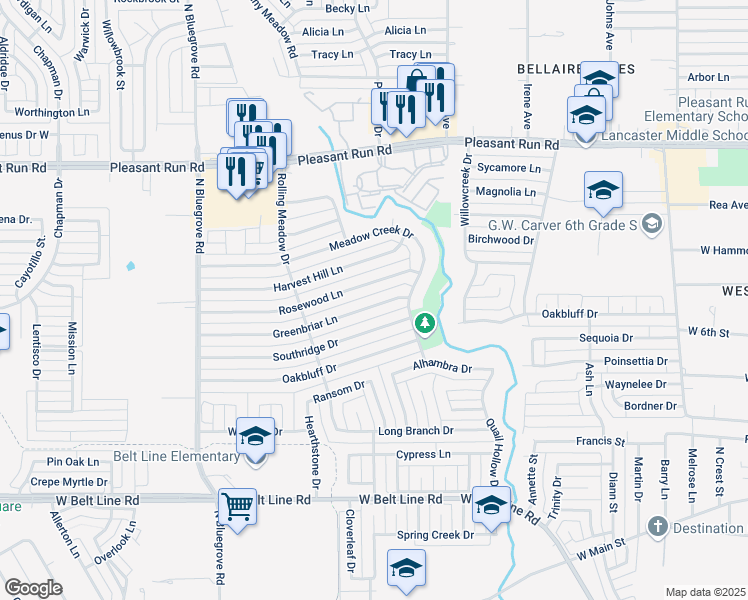map of restaurants, bars, coffee shops, grocery stores, and more near 1125 Greenbriar Lane in Lancaster