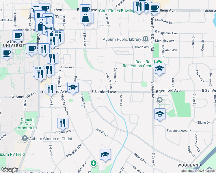 map of restaurants, bars, coffee shops, grocery stores, and more near 370 Chewacla Drive in Auburn