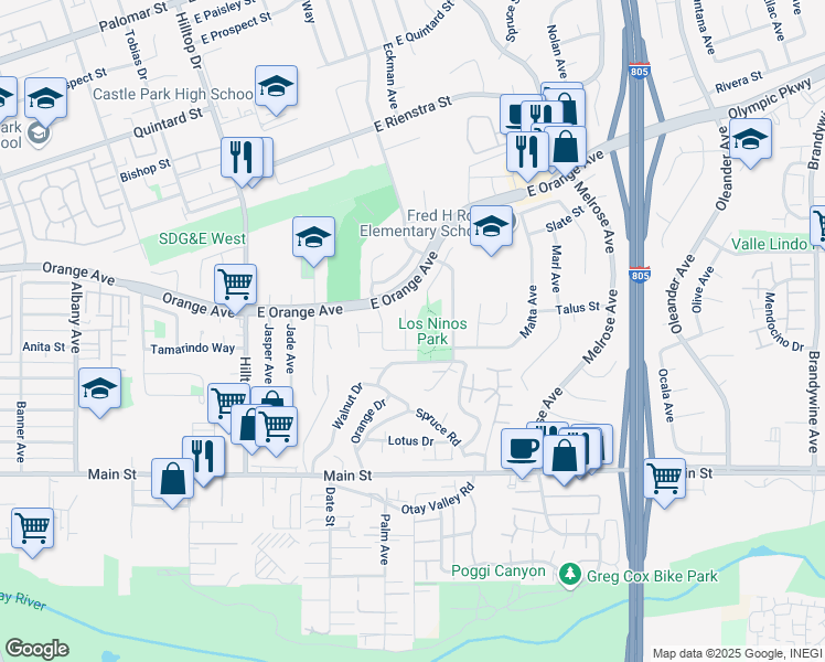 map of restaurants, bars, coffee shops, grocery stores, and more near 1581 Skylark Way in Chula Vista