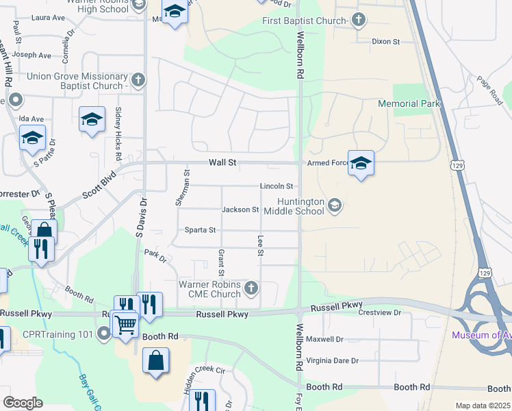 map of restaurants, bars, coffee shops, grocery stores, and more near 120 Jackson Street in Warner Robins