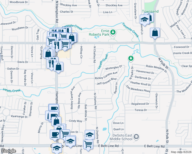 map of restaurants, bars, coffee shops, grocery stores, and more near 600 North Chattey Road in DeSoto