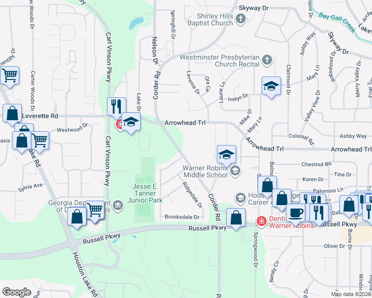 map of restaurants, bars, coffee shops, grocery stores, and more near 1025 Corder Road in Warner Robins