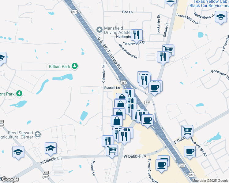 map of restaurants, bars, coffee shops, grocery stores, and more near 7 Mistywood Court in Mansfield