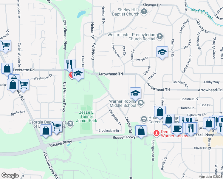 map of restaurants, bars, coffee shops, grocery stores, and more near 1025 Corder Road in Warner Robins
