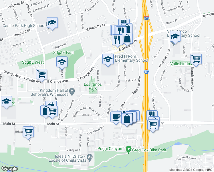 map of restaurants, bars, coffee shops, grocery stores, and more near 204 Malito Court in Chula Vista