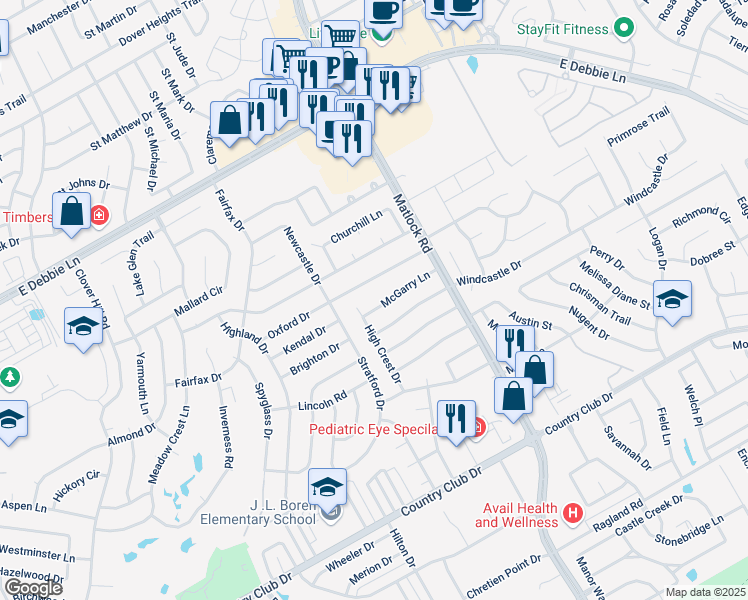 map of restaurants, bars, coffee shops, grocery stores, and more near 1605 McGarry Lane in Mansfield