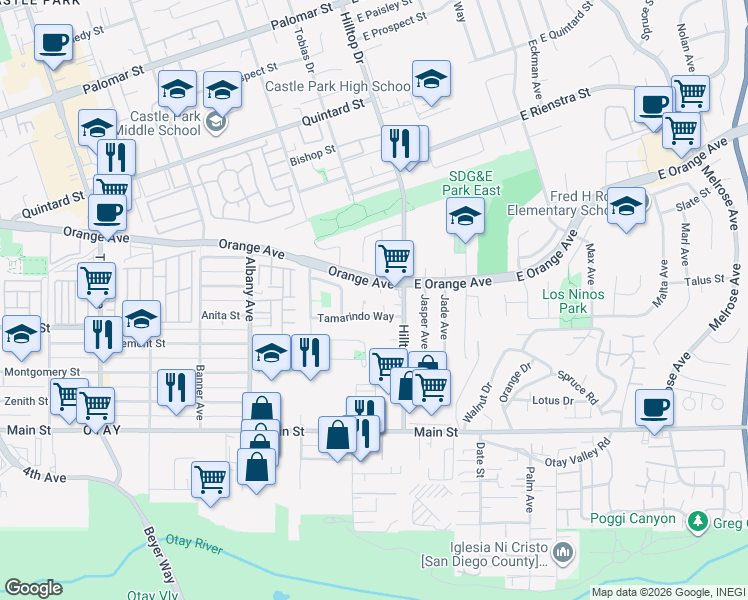 map of restaurants, bars, coffee shops, grocery stores, and more near 32 Orange Avenue in Chula Vista