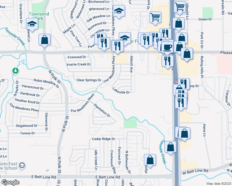 map of restaurants, bars, coffee shops, grocery stores, and more near 1116 Lakeside Drive in DeSoto