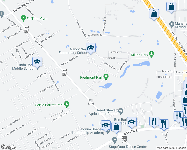 map of restaurants, bars, coffee shops, grocery stores, and more near 1405 Piedmont Drive in Mansfield