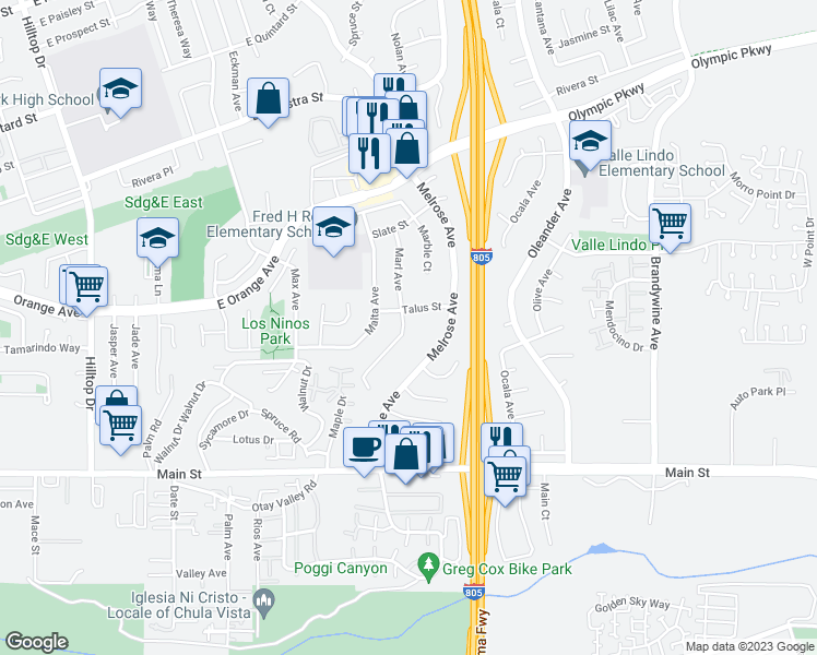 map of restaurants, bars, coffee shops, grocery stores, and more near 1613 Marl Avenue in Chula Vista