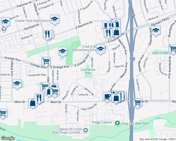 map of restaurants, bars, coffee shops, grocery stores, and more near 150 Teal Street in Chula Vista