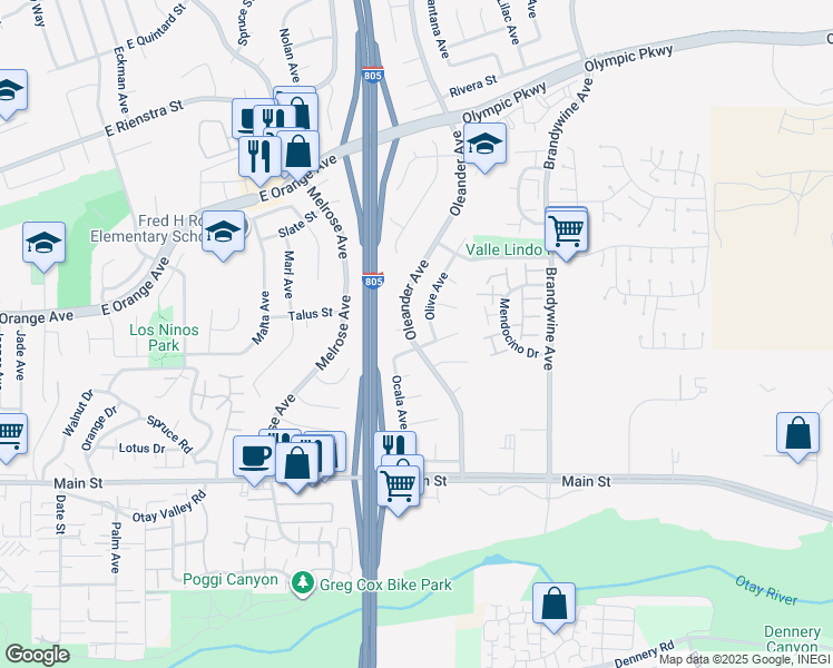 map of restaurants, bars, coffee shops, grocery stores, and more near 1595 Oleander Avenue in Chula Vista
