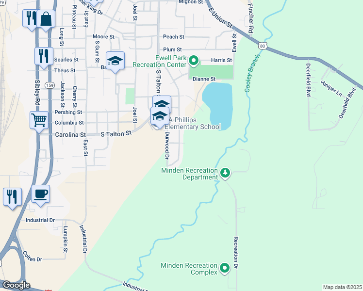 map of restaurants, bars, coffee shops, grocery stores, and more near 900 Woods Street in Minden
