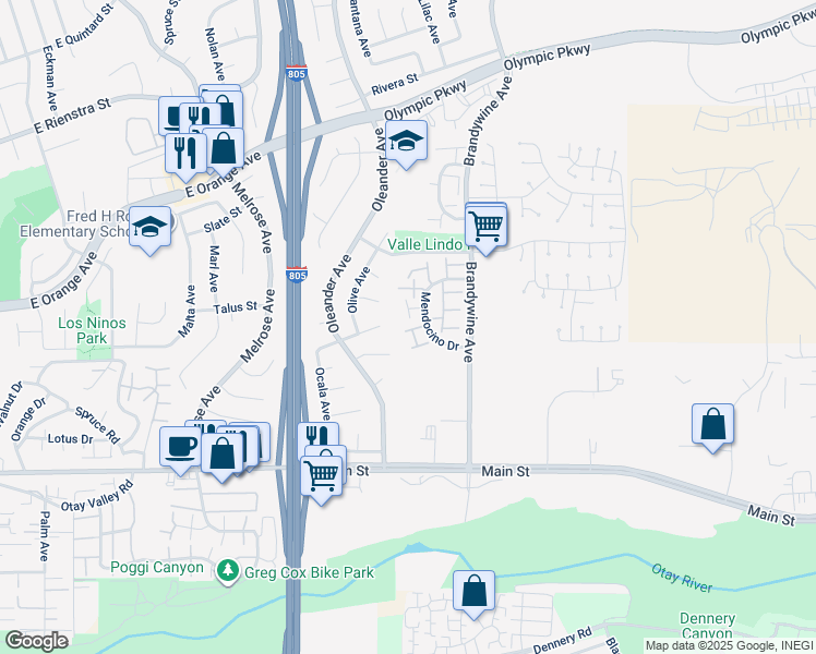map of restaurants, bars, coffee shops, grocery stores, and more near 1595 Mendocino Drive in Chula Vista