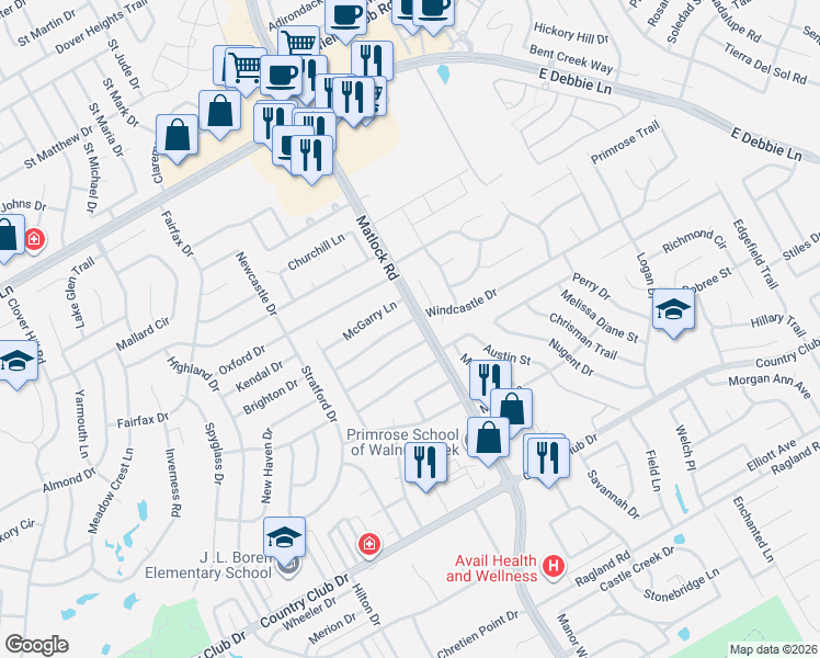 map of restaurants, bars, coffee shops, grocery stores, and more near 1716 Windcastle Drive in Mansfield