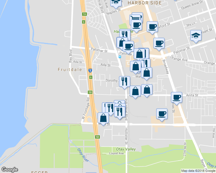map of restaurants, bars, coffee shops, grocery stores, and more near 773 Dorothy Street in Chula Vista