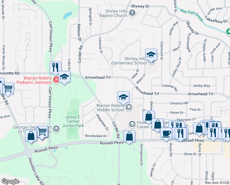 map of restaurants, bars, coffee shops, grocery stores, and more near 119 Victor Road in Warner Robins