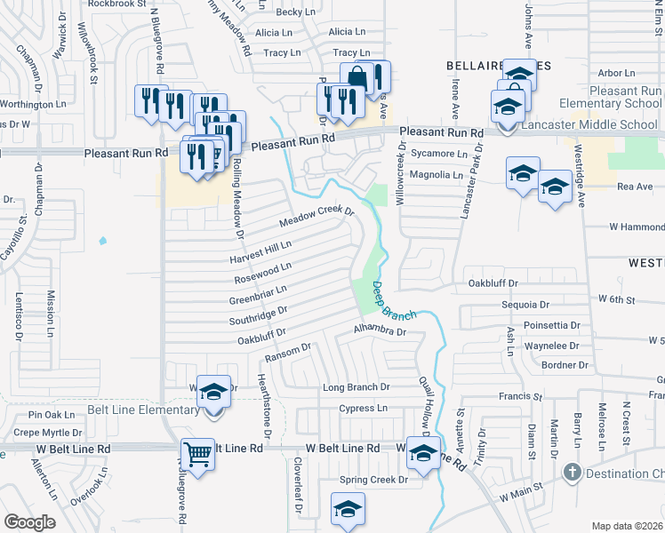 map of restaurants, bars, coffee shops, grocery stores, and more near 1113 Greenbriar Lane in Lancaster