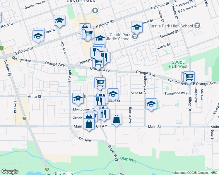 map of restaurants, bars, coffee shops, grocery stores, and more near 275 Orange Avenue in Chula Vista
