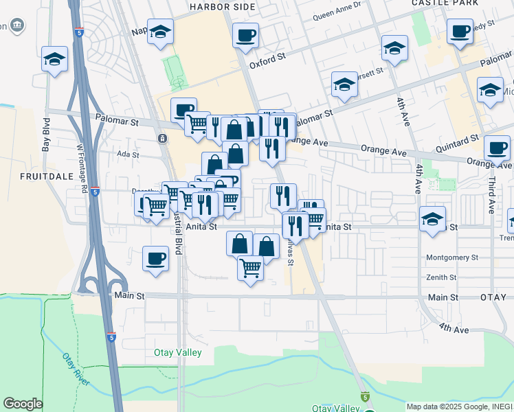 map of restaurants, bars, coffee shops, grocery stores, and more near 600 Anita Street in Chula Vista