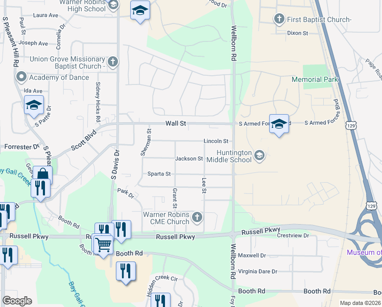 map of restaurants, bars, coffee shops, grocery stores, and more near 126 Jackson Street in Warner Robins