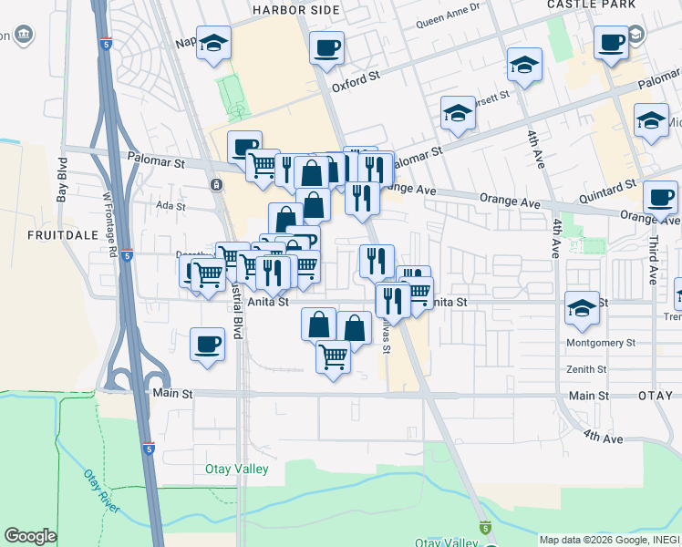 map of restaurants, bars, coffee shops, grocery stores, and more near 600 Anita Street in Chula Vista