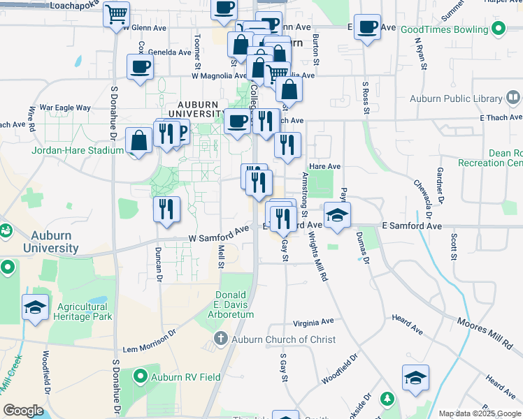 map of restaurants, bars, coffee shops, grocery stores, and more near 345 South College Street in Auburn