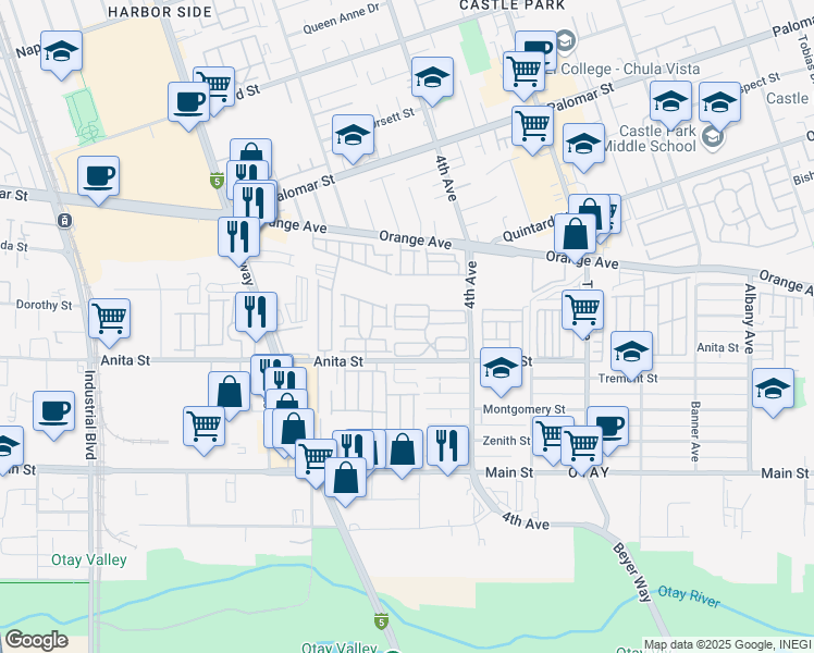 map of restaurants, bars, coffee shops, grocery stores, and more near 444 Anita Street in Chula Vista
