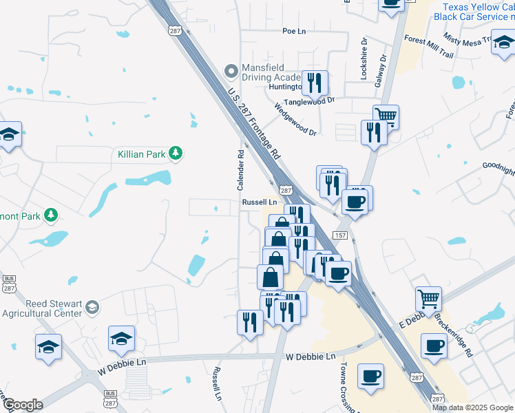 map of restaurants, bars, coffee shops, grocery stores, and more near 7 Mistywood Court in Mansfield