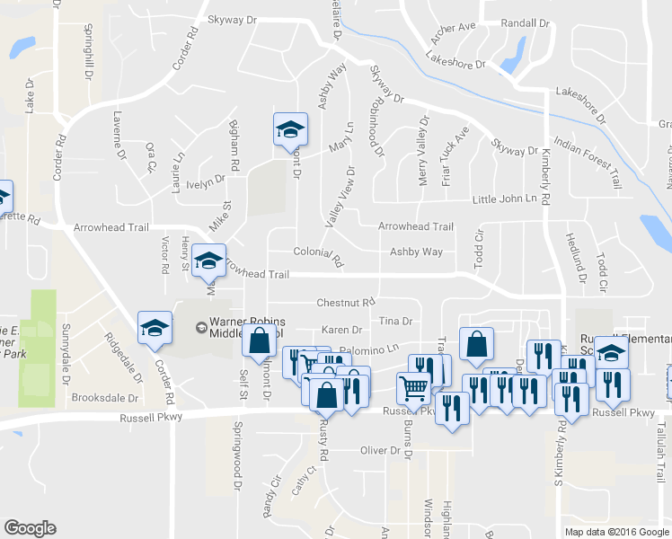 map of restaurants, bars, coffee shops, grocery stores, and more near 614 Arrowhead Trail in Warner Robins