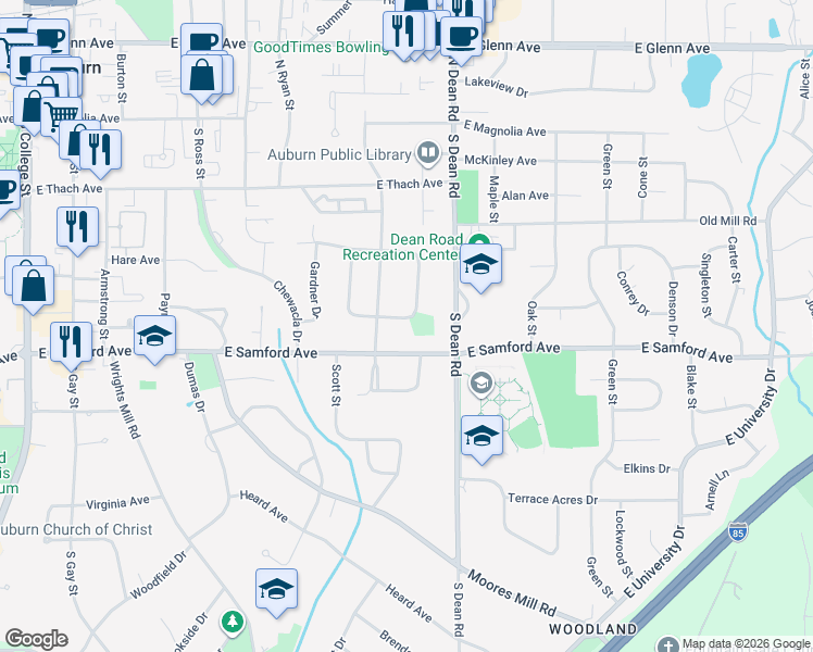 map of restaurants, bars, coffee shops, grocery stores, and more near 338 Bowden Drive in Auburn