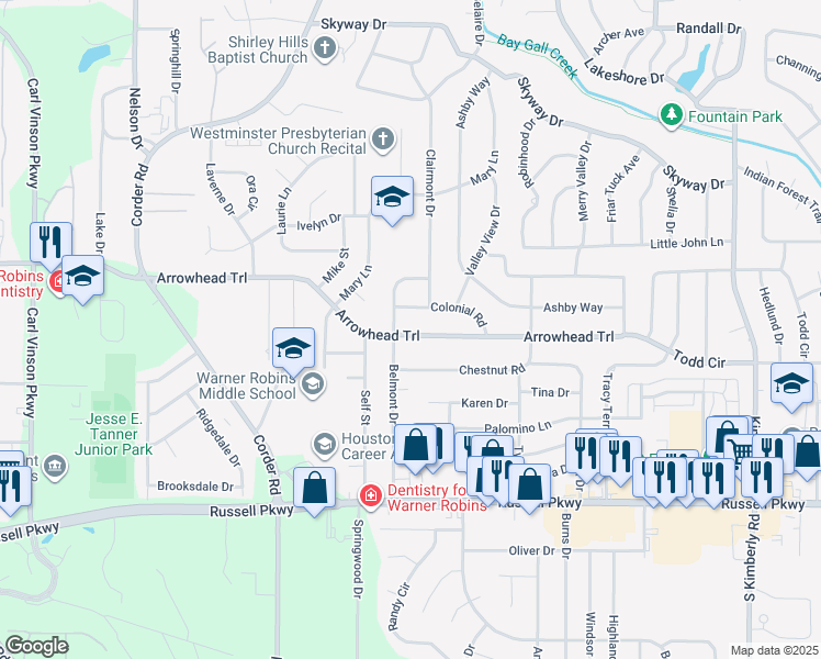 map of restaurants, bars, coffee shops, grocery stores, and more near 630 Arrowhead Trail in Warner Robins