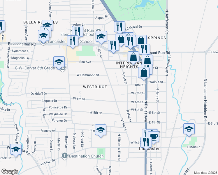 map of restaurants, bars, coffee shops, grocery stores, and more near 821 North Elm Street in Lancaster