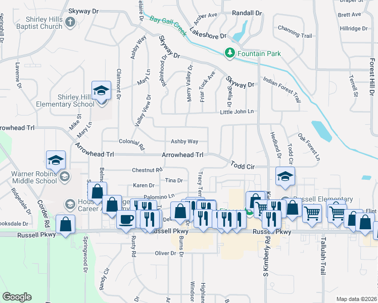 map of restaurants, bars, coffee shops, grocery stores, and more near 506 Arrowhead Trail in Warner Robins