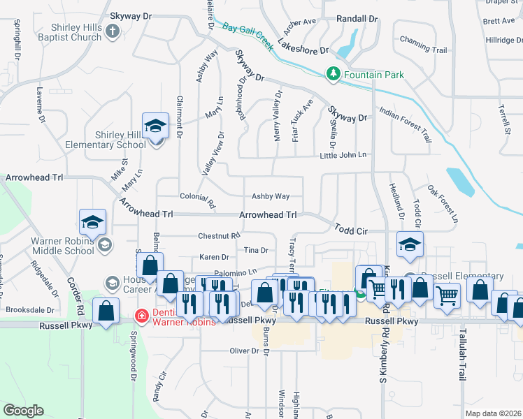 map of restaurants, bars, coffee shops, grocery stores, and more near 516 Arrowhead Trail in Warner Robins