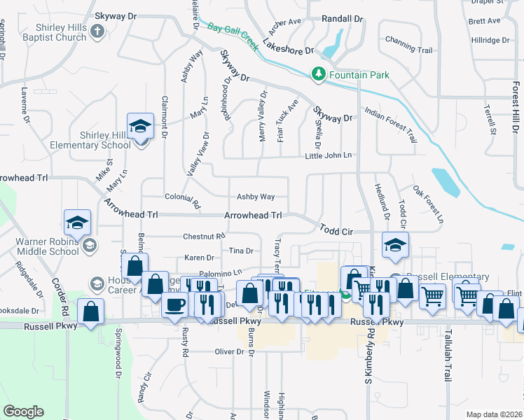 map of restaurants, bars, coffee shops, grocery stores, and more near 510 Arrowhead Trail in Warner Robins