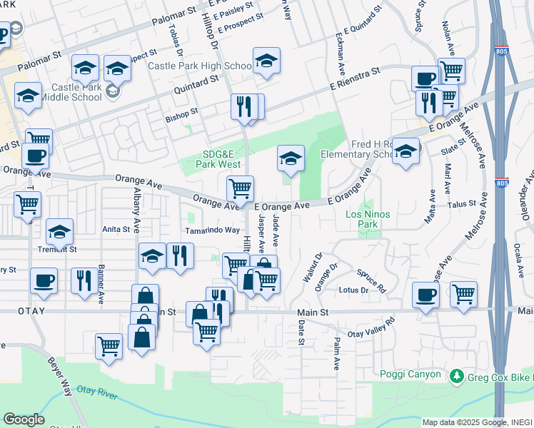 map of restaurants, bars, coffee shops, grocery stores, and more near 1514 Jasper Avenue in Chula Vista