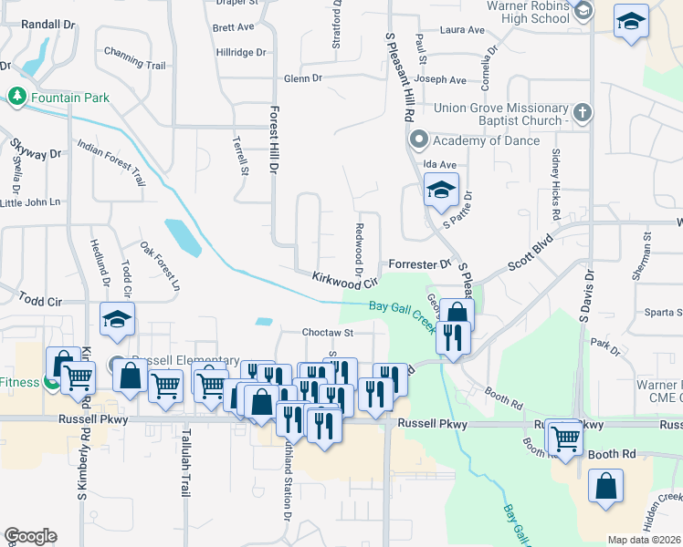 map of restaurants, bars, coffee shops, grocery stores, and more near 302 Kirkwood Circle in Warner Robins