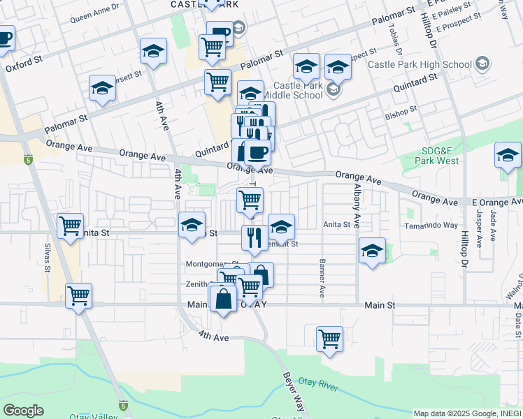 map of restaurants, bars, coffee shops, grocery stores, and more near 1527 Avenida Rosa in Chula Vista