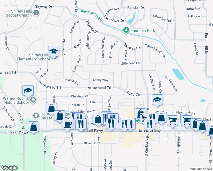 map of restaurants, bars, coffee shops, grocery stores, and more near 506 Arrowhead Trail in Warner Robins